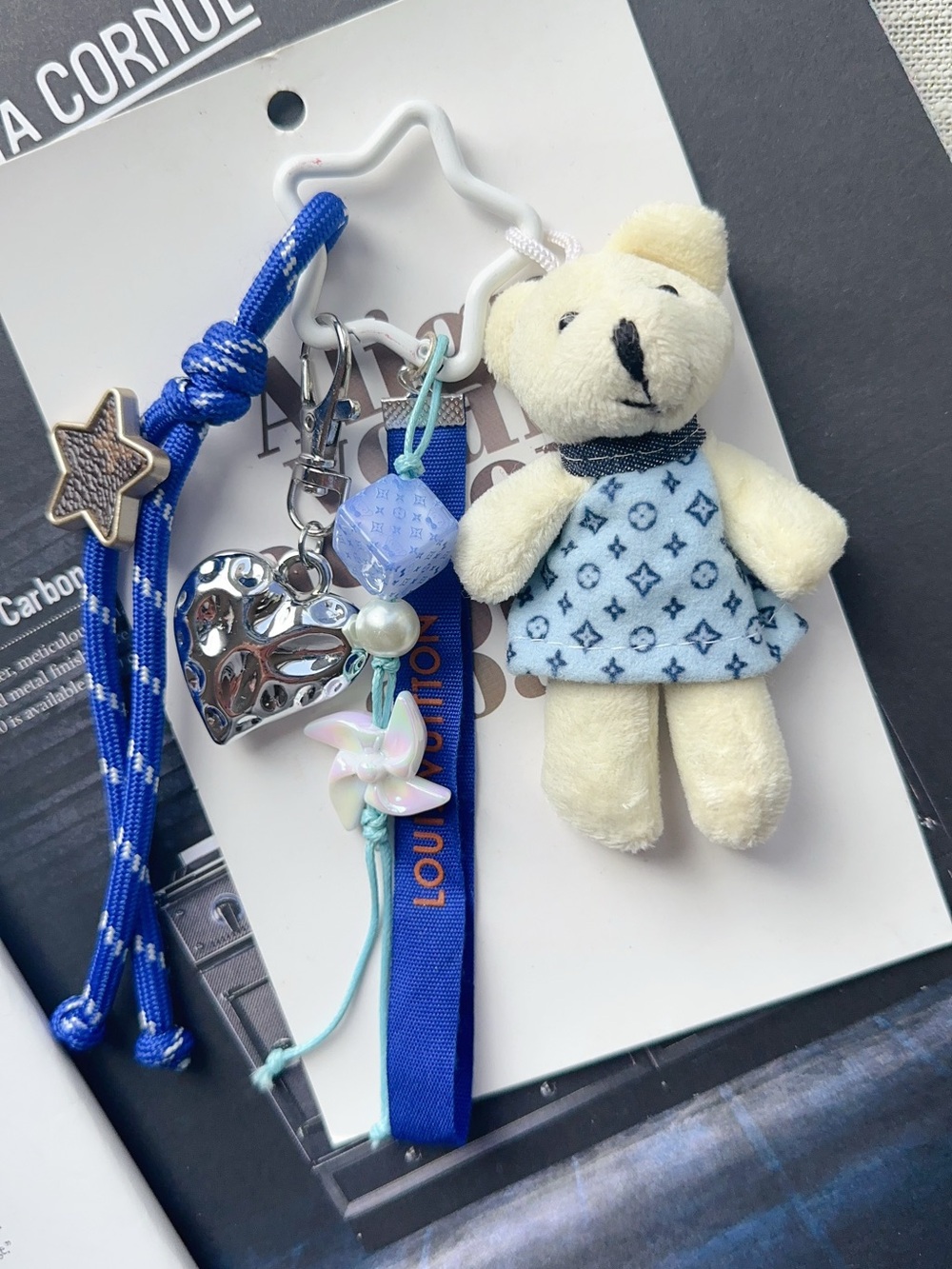 Authentic Ribbon LV& Unbranded Teddy Bear Bag Charm & Heart Accent